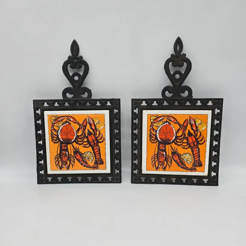 Vintage Holt Howard Cast Iron Ceramic Lobster Trivet Japan Fujimiyaki Set of Two
